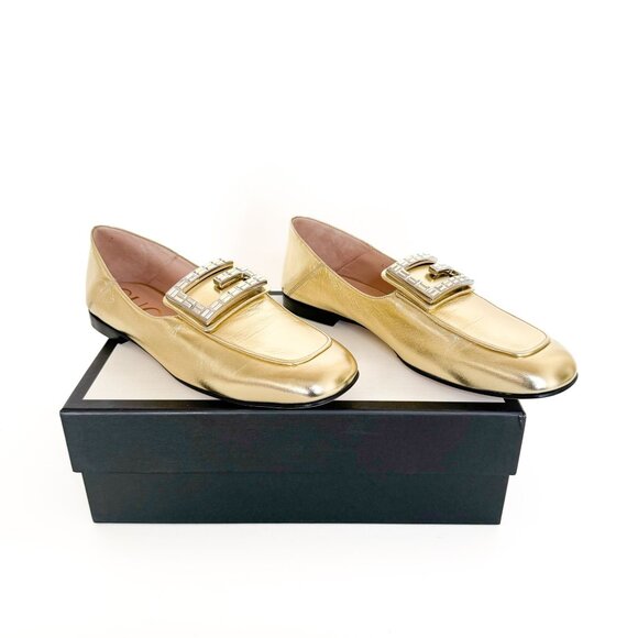 Gucci Madelyn Crystal G Loafer EU 40 US 10 Metallic Gold Nappa GG Logo Flat Shoe - Picture 1 of 13